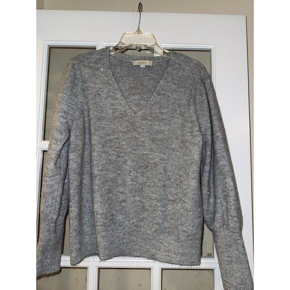 Ann Taylor LOFT v neck sequin sweater long sleeve Party Event Large Silver - Picture 1 of 4